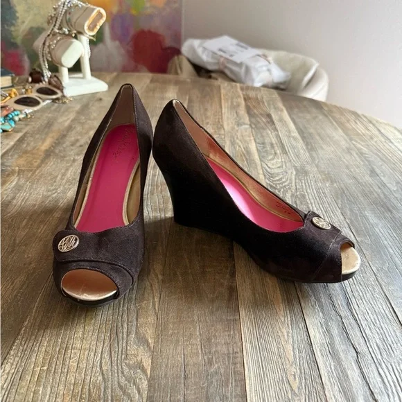Lilly Pulitzer Brown Suede Peep Toe Wedges - Picture 9 of 12